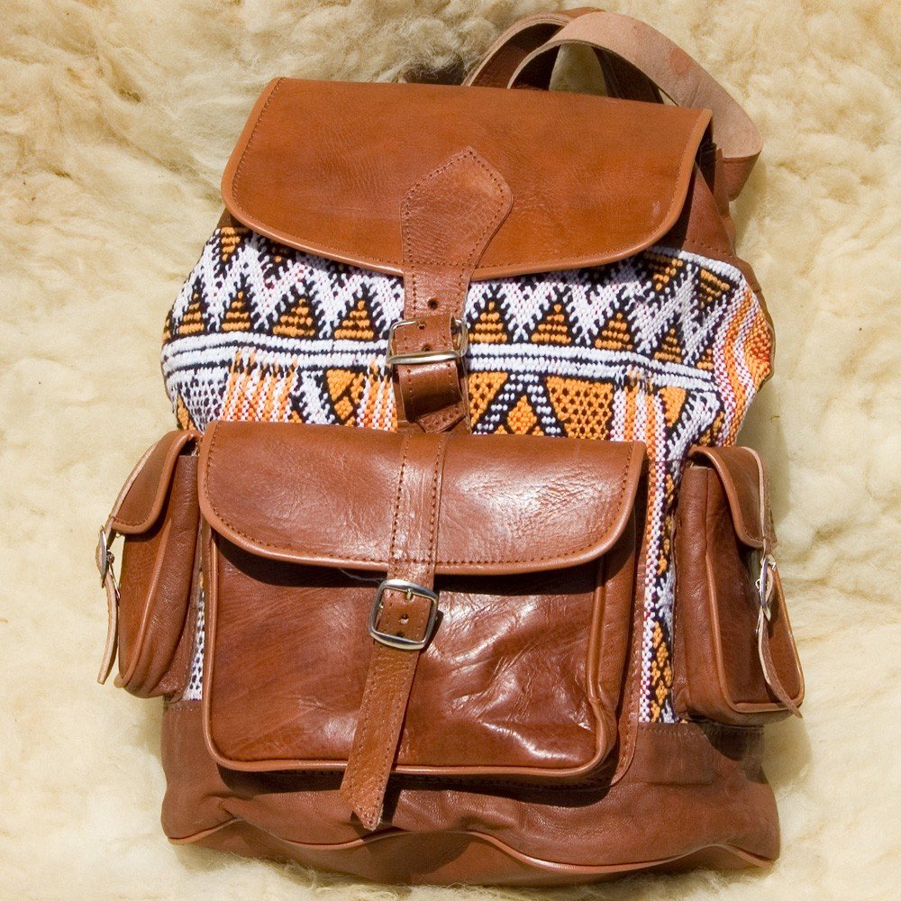 Tapestry Leather Backpack - African Ethnic Handicraft-Various Pockets ...
