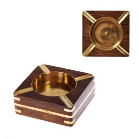 Wood with Inlaid Brass Ashtray - 10 cm - Model 2