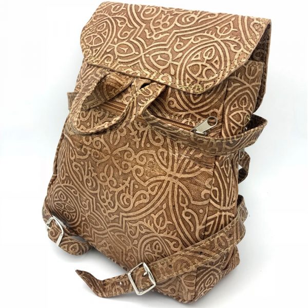 Small Embossed Leather Backpack - Camel Model - 6 Pockets