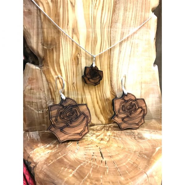 Pink Pendant and Earrings Set - Olive Wood with Silver