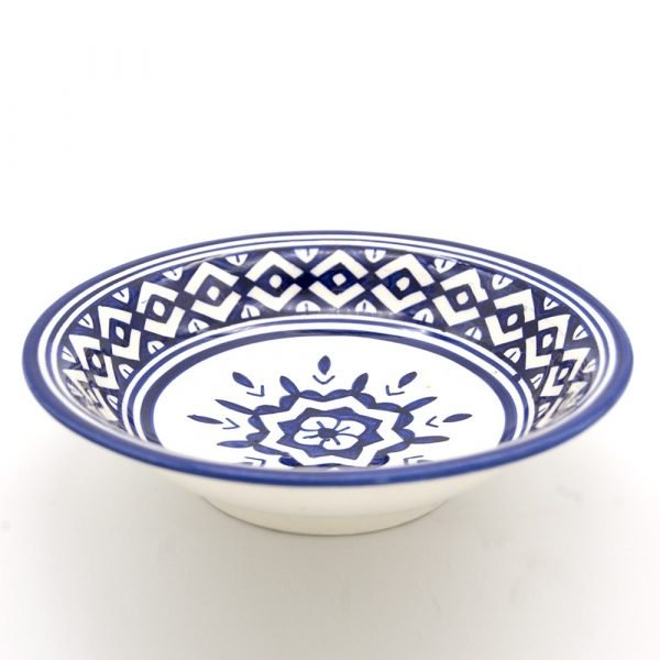Decorated Fez Deep Plate - 19 cm - Painted Ceramic - White Blue