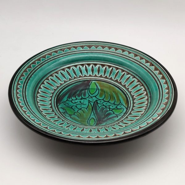 Asfi Carved and Glazed Ceramic Plate - Hand Painted - Emerald Green - Nahtun Model