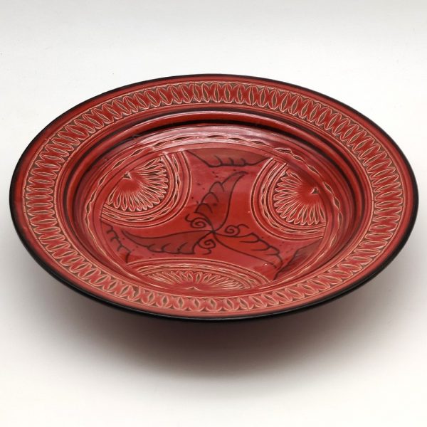 Asfi Carved and Enameled Ceramic Plate - Hand Painted - Red - Nahtun Model